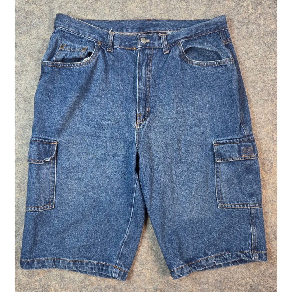 Bugle Boy Mens Vintage Denim Cargo Shorts Blue Cotton Size 36 Relaxed 90s Baggy